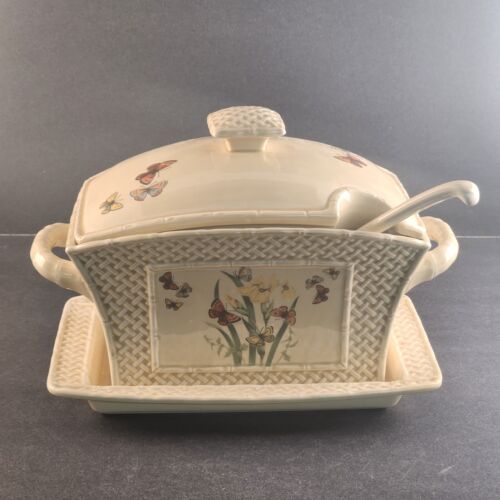 Enesco Butterfly Garden Trellis Vintage Soup Tureen With Lid & Ladle 1978 Japan