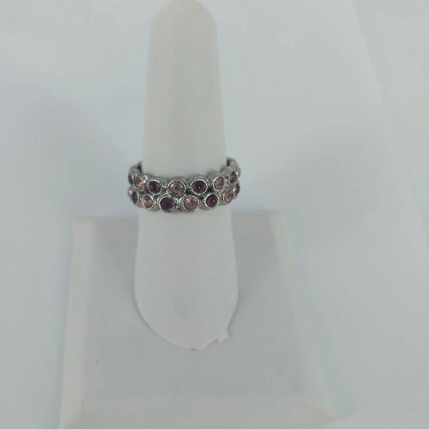Silver Tone Pink Purple Rhinestone Double Row Band Ring Size 8 Statement Fashion