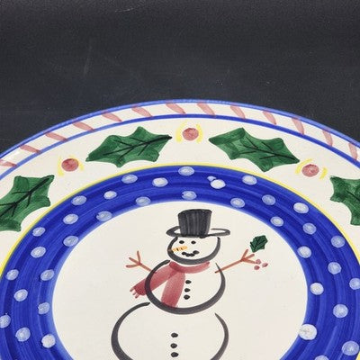Round Serving Platter Present Tense Italy Hand Painted Snowman Christmas 14"
