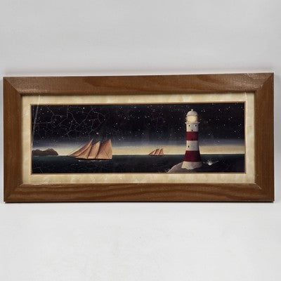 Set 2 Martin Wiscombe Lighthouse Print Wall Art Brown Frame Distressed 10.5x22.5