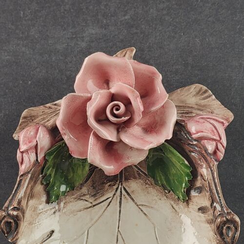 Capodimonte Large Rose Flower with Leaf Candy Dish Vintage Made in Italy 9" Long