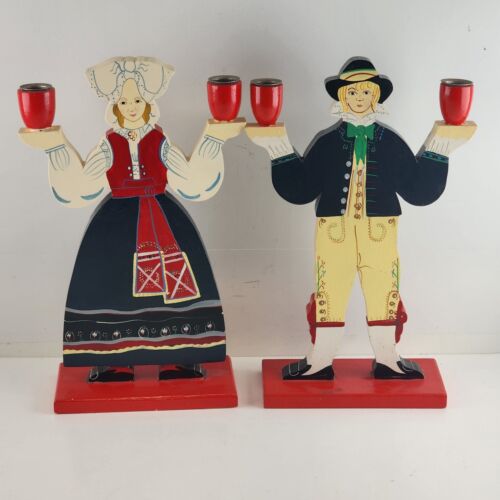 Dutch Folk Art Vintage Ikea Candlestick Holder Man Woman Lizzy Velander Wood 11"