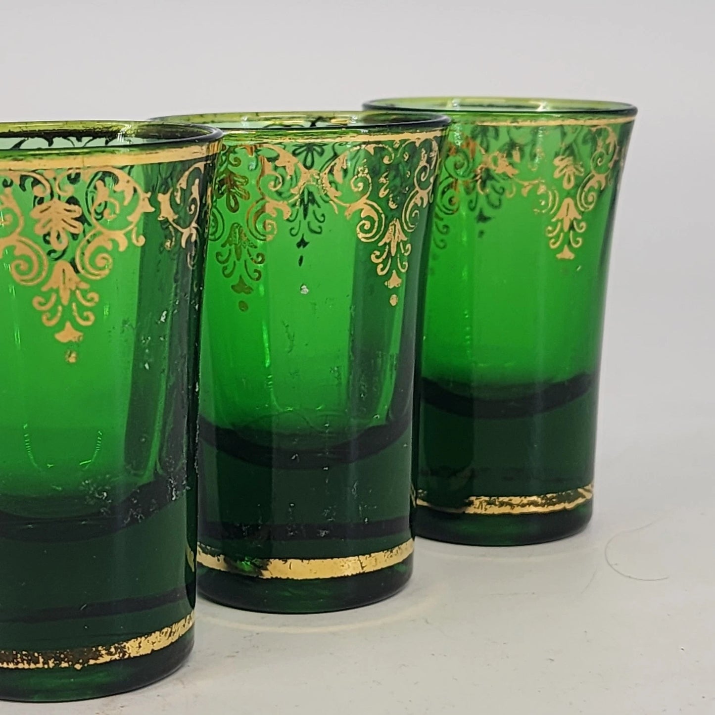 DFP Italian Emerald Green Shot Glasses Set 3 Gold Trim 2.75" Mid Century Barware