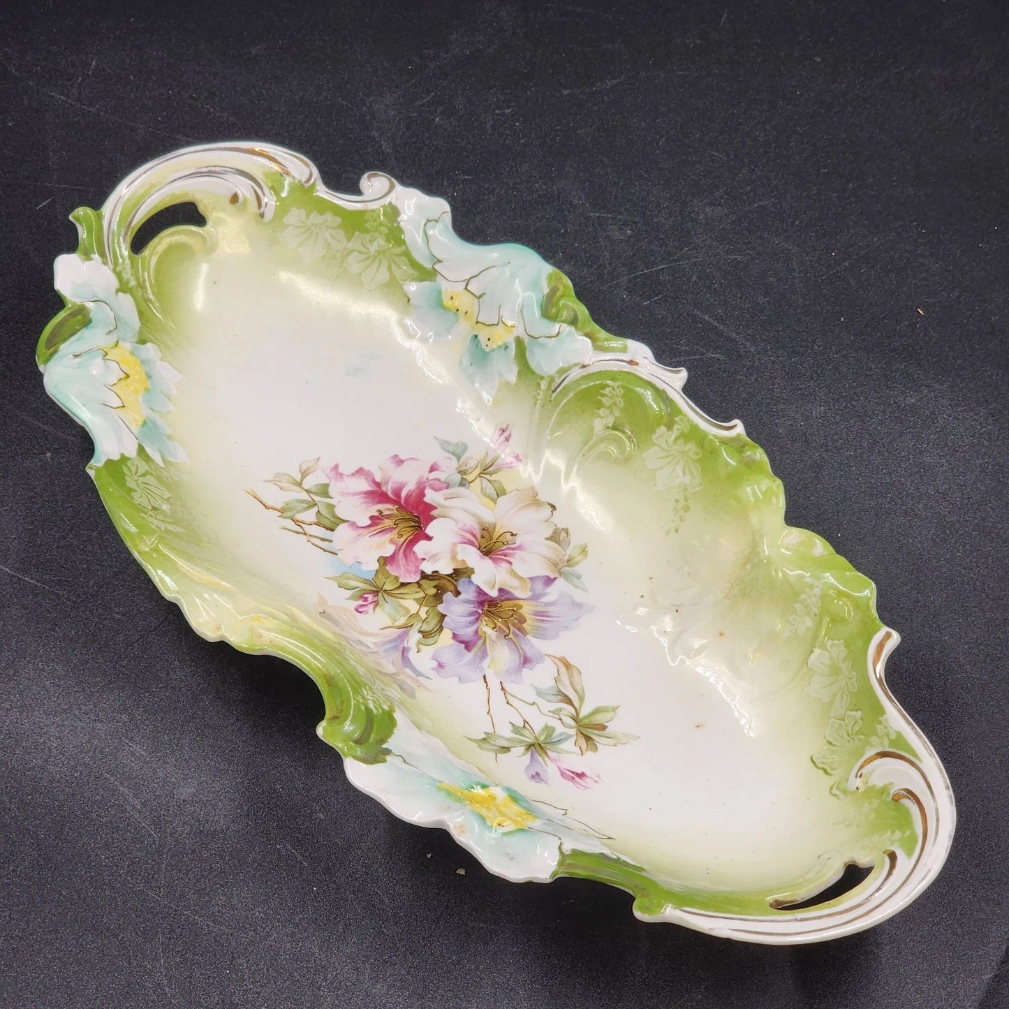 Saxe Altenburg German Green Porcelain Celery Dish 13" Floral Gold Gilt Antique
