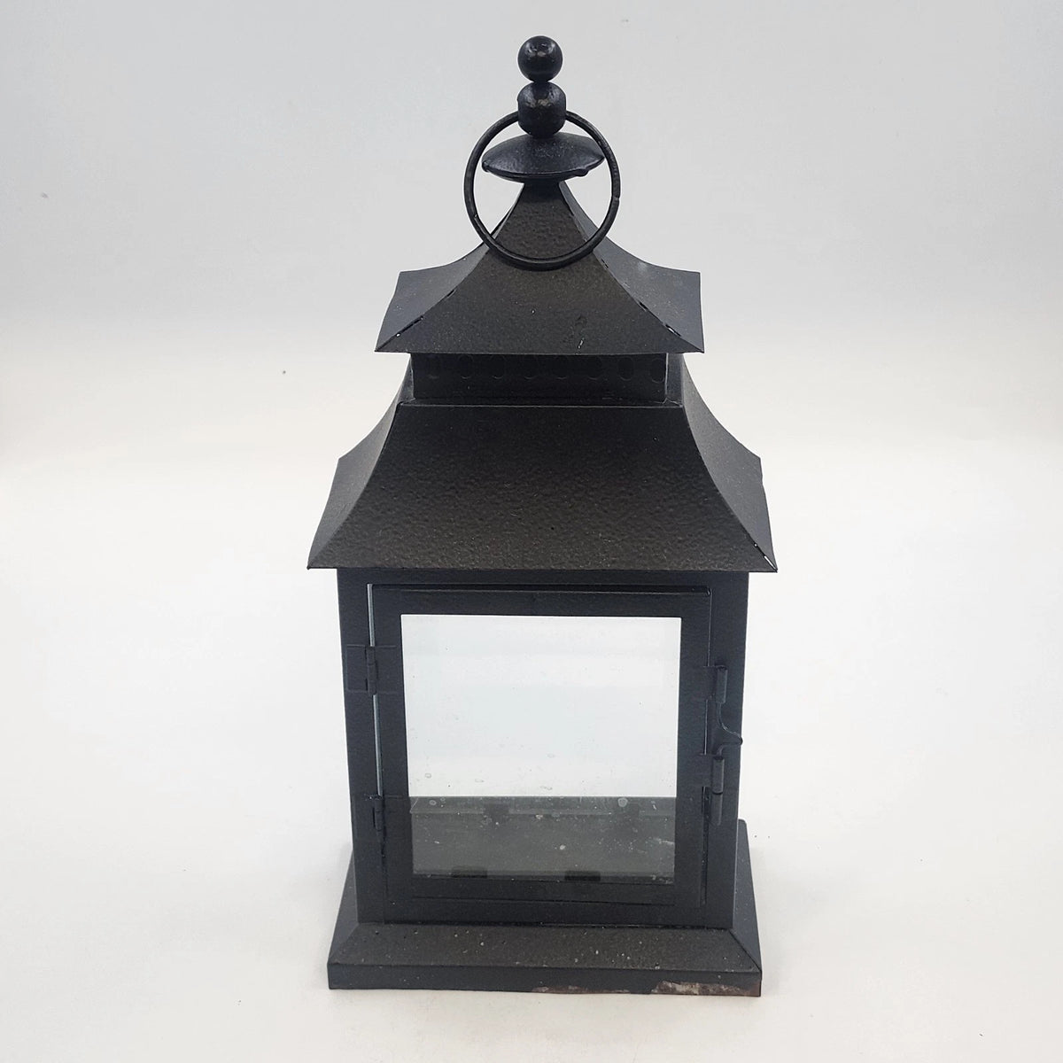 Candle Lantern 13" Black Metal Glass Rustic Farmhouse Hanging Pagoda /Tabletop