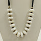 White Glass Beads w Gold Tone & Black Disks in Black Cording Long Necklace 15"