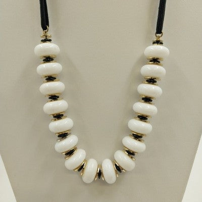 White Glass Beads w Gold Tone & Black Disks in Black Cording Long Necklace 15"