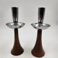 2 MCM Candle Holder Sticks Teak Wood Chrome Uppers 8.5" Danish Modern Vtg AS IS