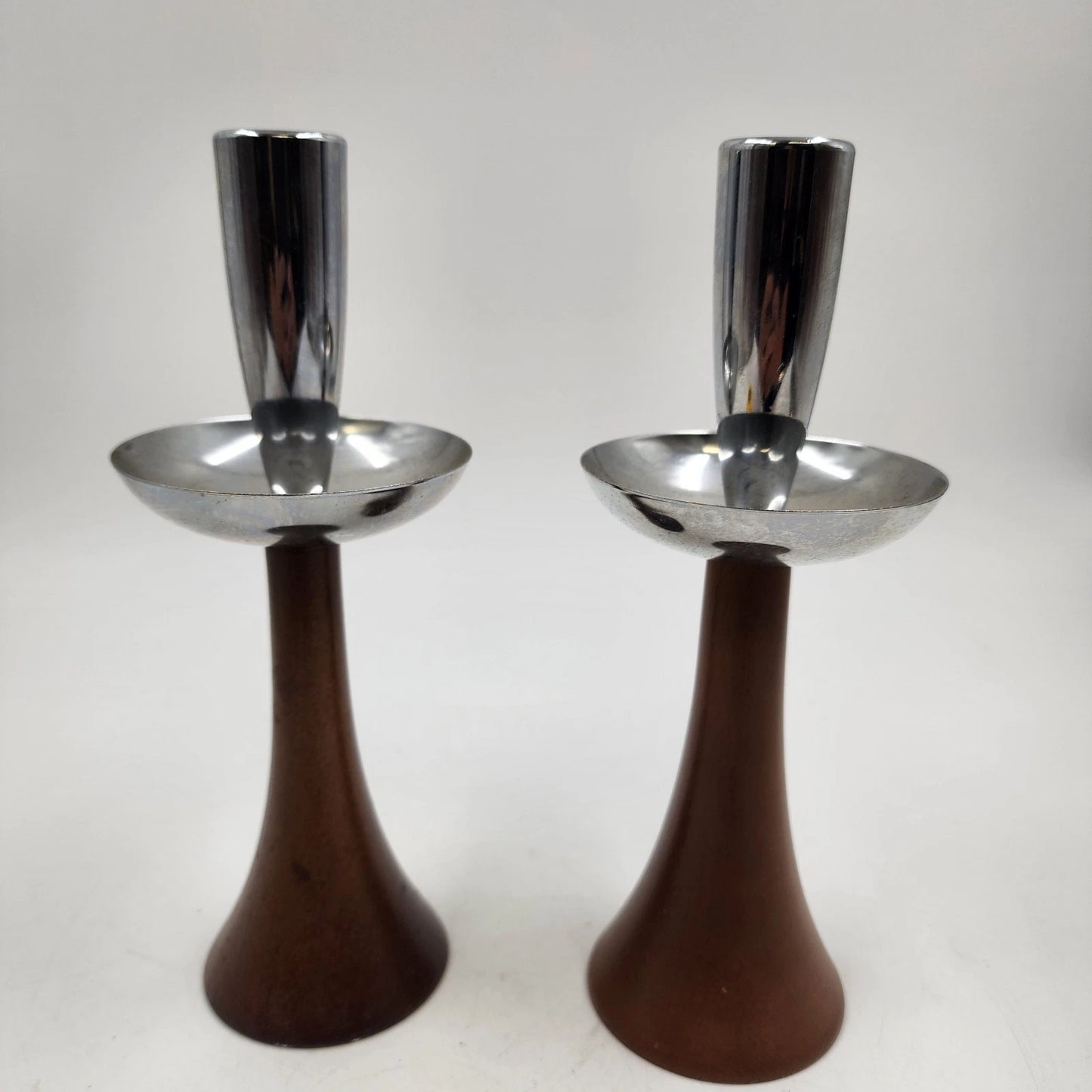 2 MCM Candle Holder Sticks Teak Wood Chrome Uppers 8.5" Danish Modern Vtg AS IS