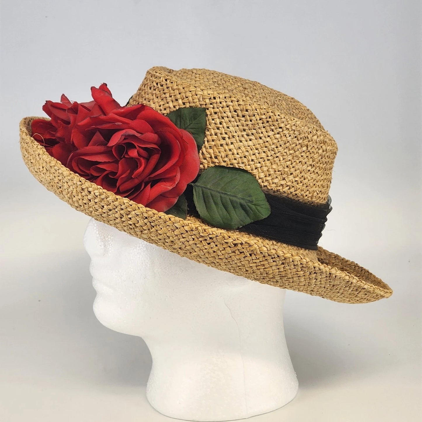 Eric Javits Luxury Squishee Sun Hat Beige Packable Woven Rose Brim Hatpin Vtg