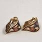 Cloisonné Enamel Flower Clip-On Earrings Multicolor Curved Leaf Shape 1" x 0.5"