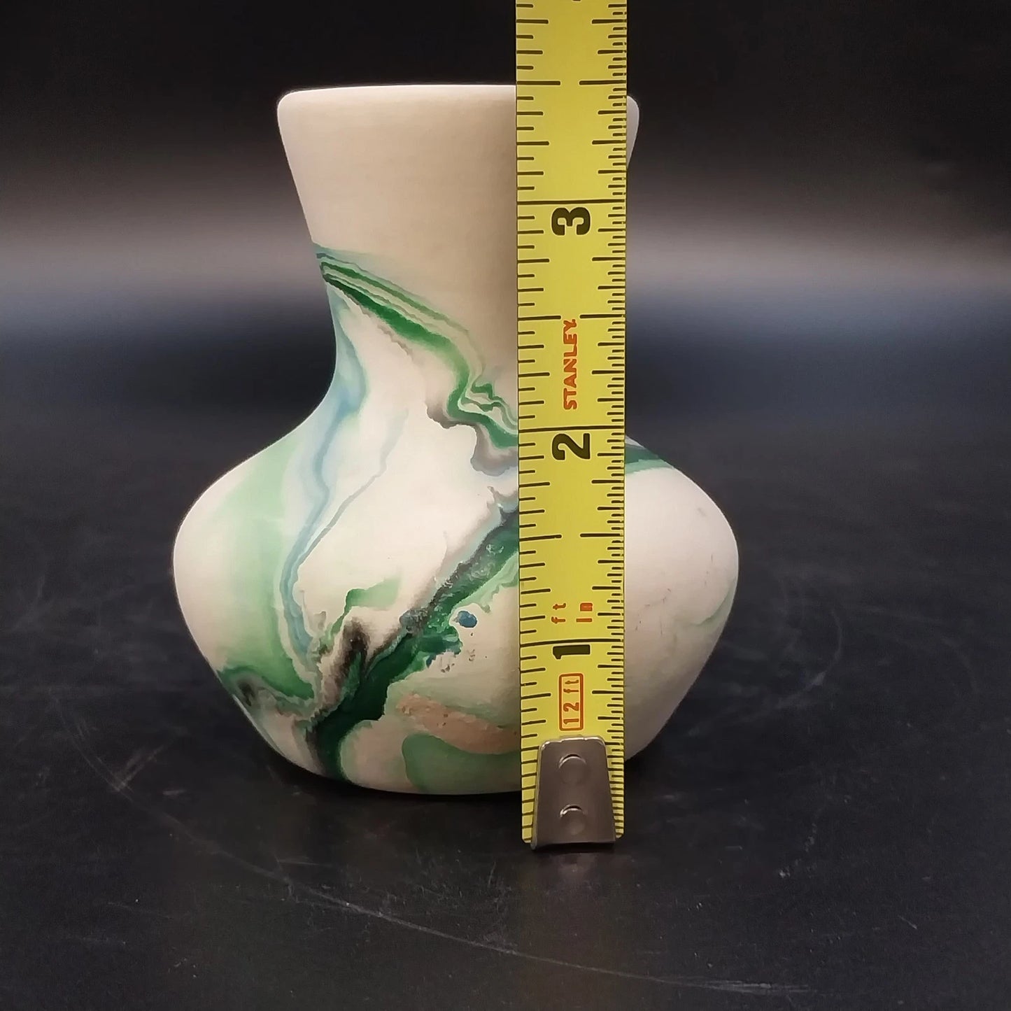 Nemadji Pottery Green Gray Swirl Bud Vase 3.5" USA Vintage