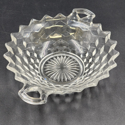 Fostoria American Clear Serving Bowl 8.75" w 2 Handles Cubist Design Glass Vtg