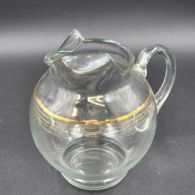 Round Bubble Shape Clear Glass Pitcher with 3 Gold Stripes & Ice Lip 8.5” 1950's