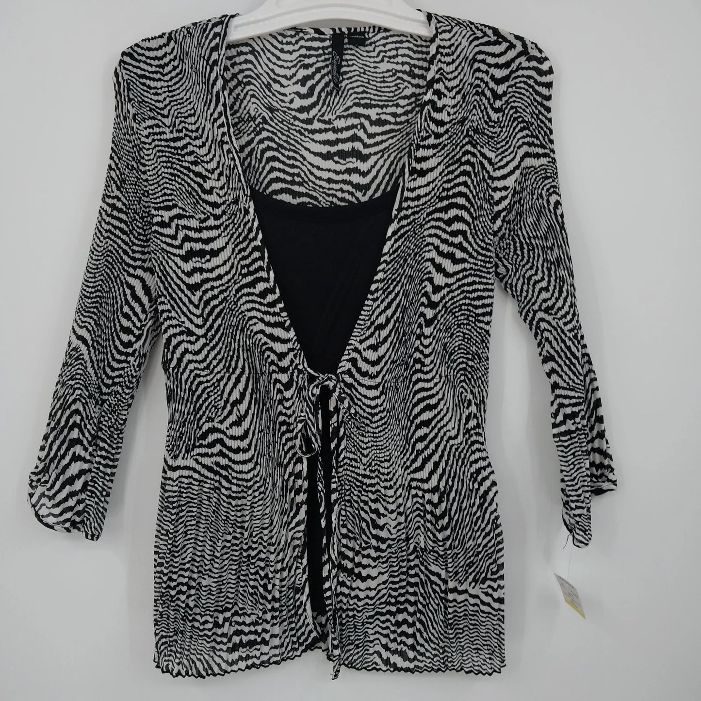 Essentials by Milano Zebra Print Pleated Blouse Women's M 3/4 Sleeve Front Tie
