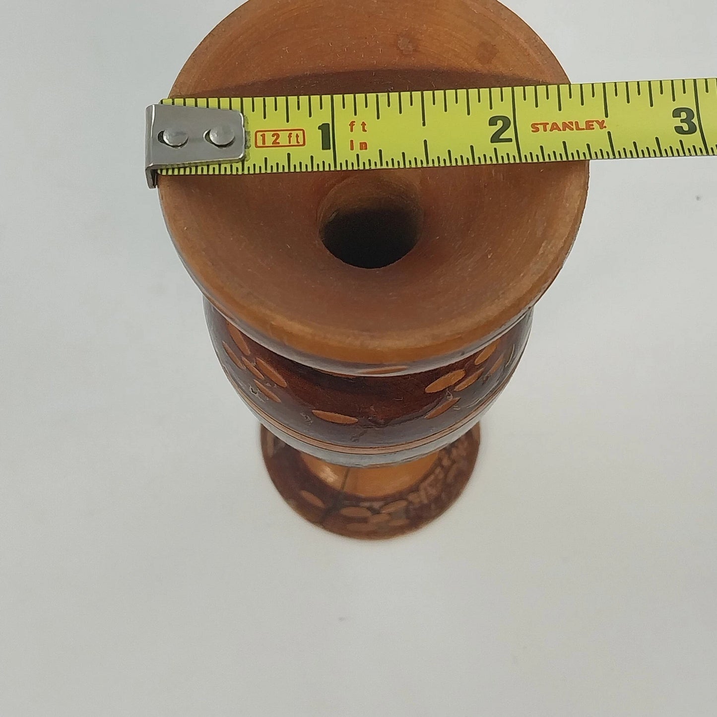 Hand Crafted Wooden Bud Vase Brown Carved Detailed Inlay Folk Art 6.9" Vintage