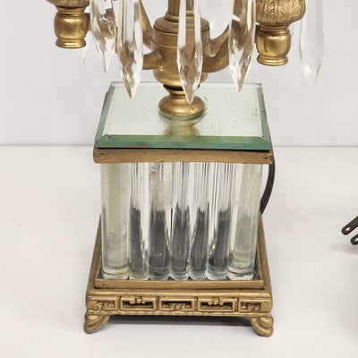 2 Gilt Brass Candelabra Table Lamps Antique Drop Crystal Prisms 4 Candle Lights