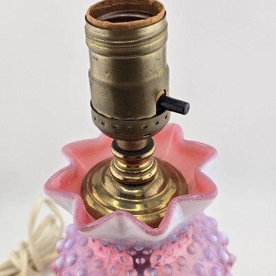 Table Lamp 9" Fenton Cranberry Opalescent Hobnail Ruffled Brass Base NO SHADE