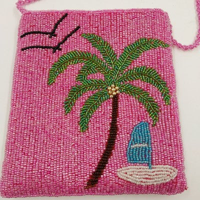 Ermo Collection Beaded Pink Purse Bag Palm Tree Design Lined Vintage China