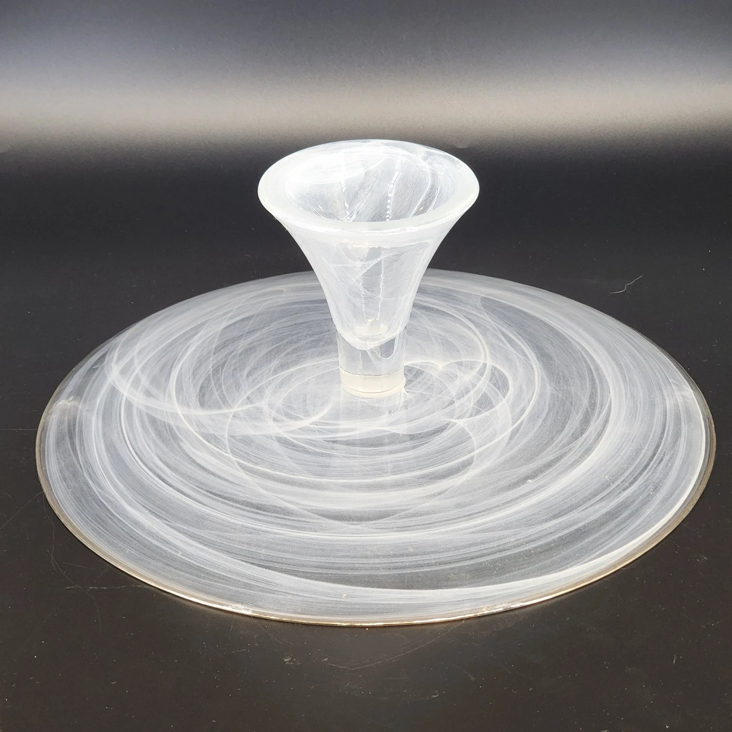 Badash White Alabaster Glass Cake Stand Swirl Silver Trim Footed 12.75" Elegant