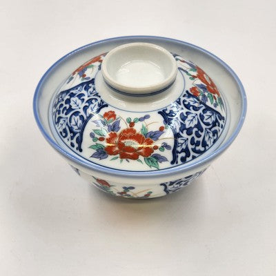 Japanese Pottery Porcelain Floral Design Udon Donburi Rice Bowl w Lid 3.25"x6"