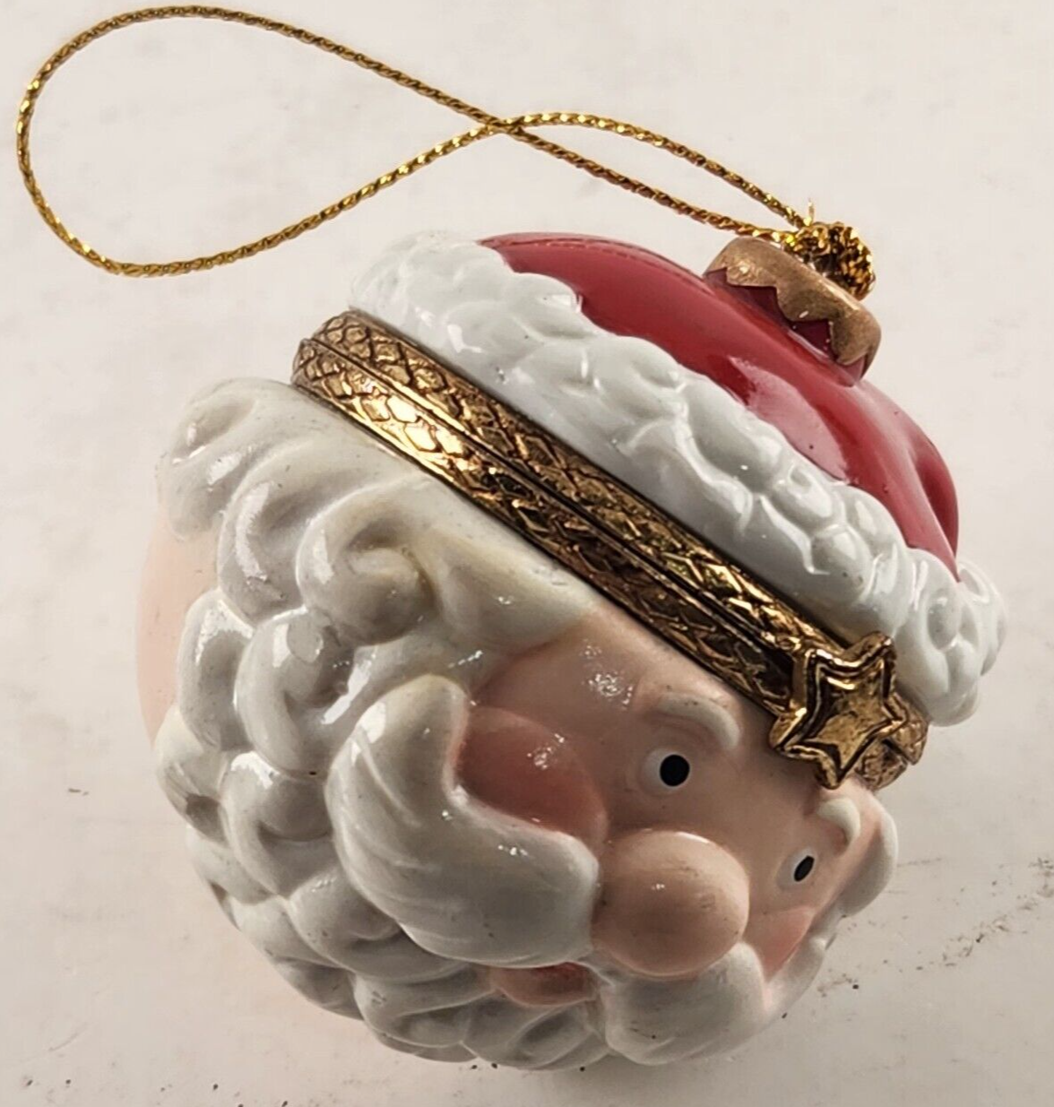 2 Hinged Trinket Box Ornaments Porcelain Santa Head & Reindeer Sleigh Christmas