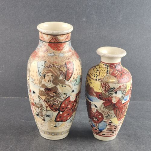 2 Japanese Satsume Vase Marriage Handpainted Asian Oriental Immortals Vintage 6"