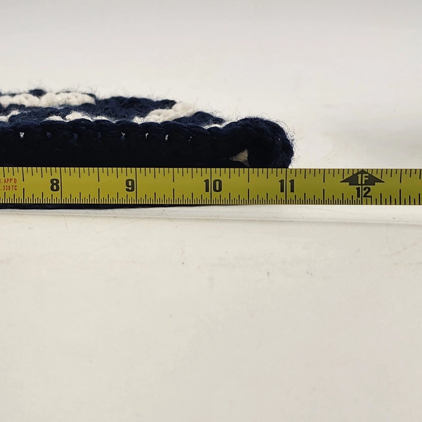 Handmade Crochet Messy Bun Beanie Hat Navy Blue White Striped Ponytail Cap New