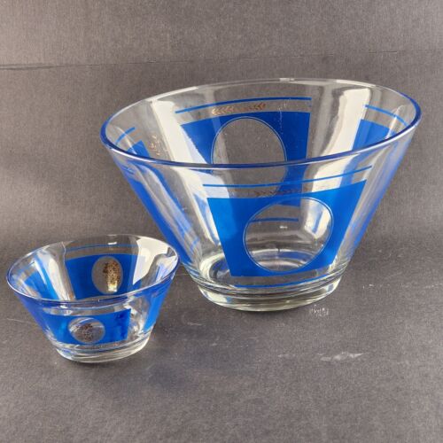 Hazel Atlas 2pc Chip and Dip Glass Bowl Set Blue Gold Grapes Wheat Pattern Faded