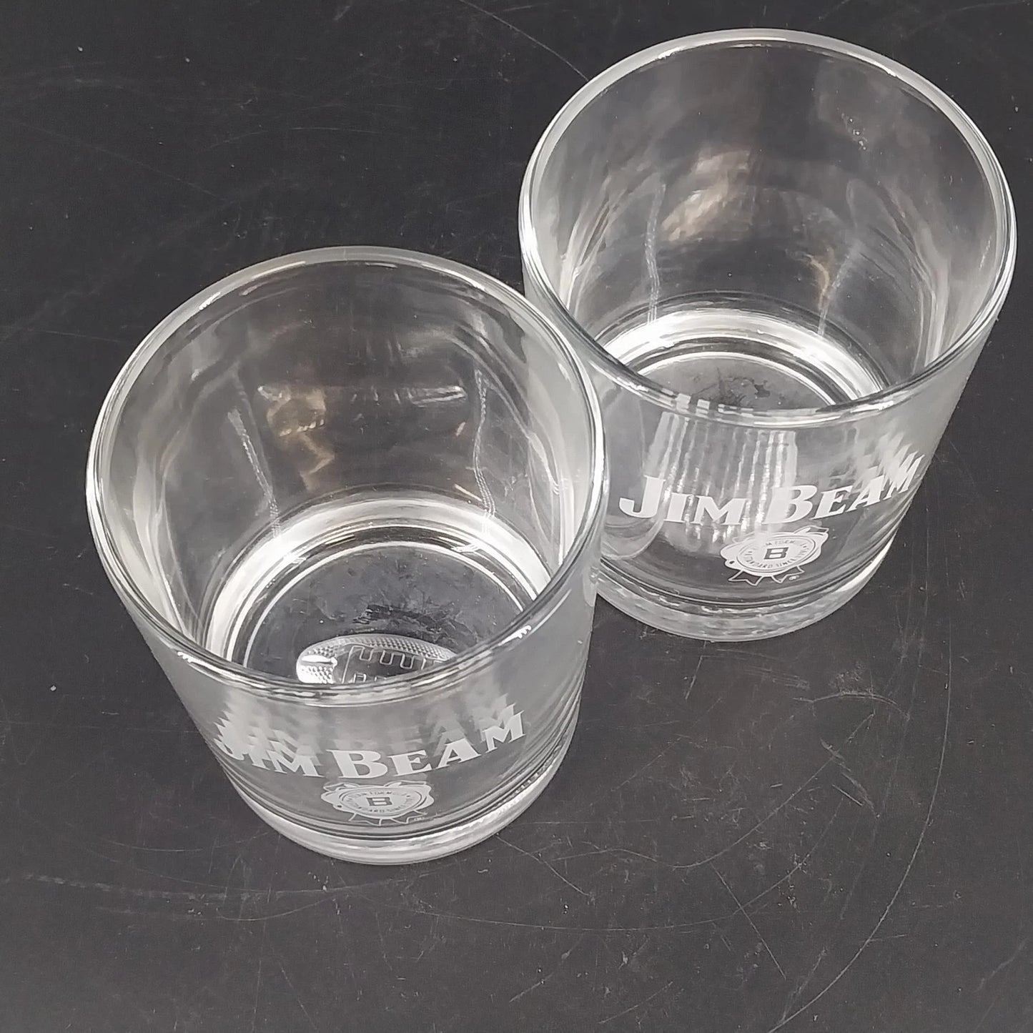 Vintage Jim Beam Etched Whiskey Rocks Glasses Golf Football Pair