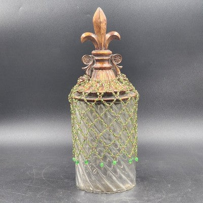 Clear Glass Swirl Decorative Jar w Carved Wood Fleur De Lis Lid & Beaded Chain