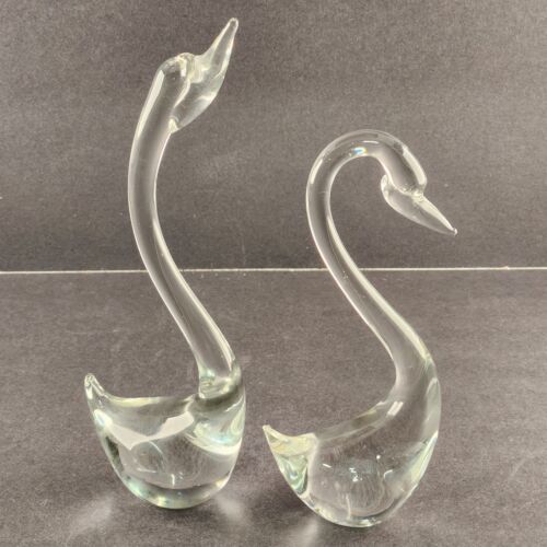 Pair of Hand Blown Clear Art Glass Swan Sculptures Long Necks 10" and 8" Vintage