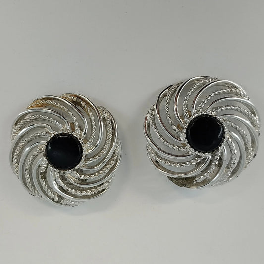 Sarah Coventry Mystic Swirl Clip On Earrings Black Cabochon Silver Tone Vintage