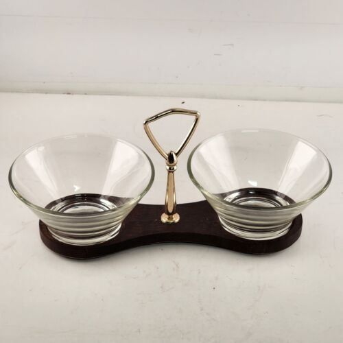 2 Glass Bowl Condiment Serving Set with Handled Walnut Wood Carrier MCM Japan