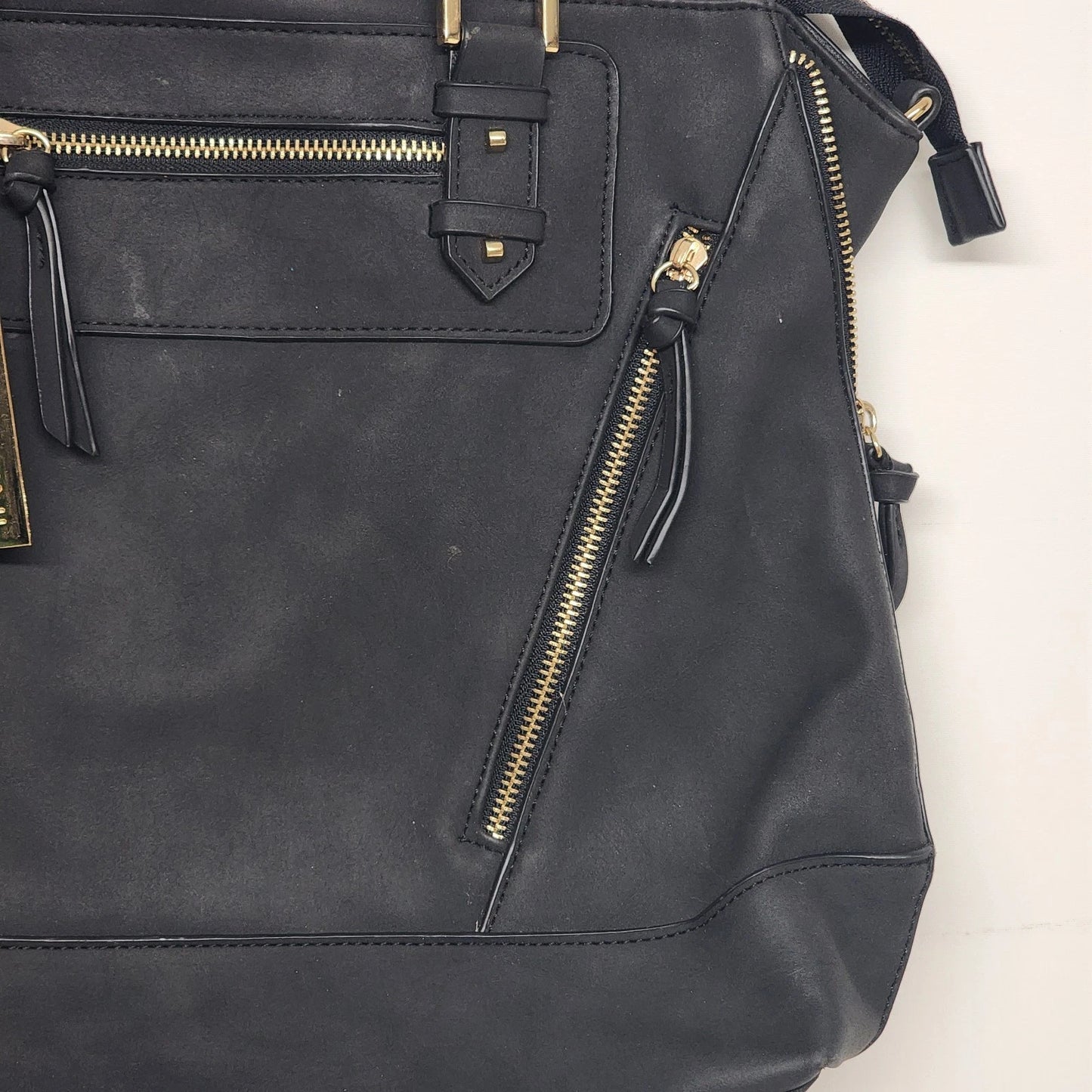 Massini Black Faux Leather Tote Handbag 16in Gold Tone Zipper