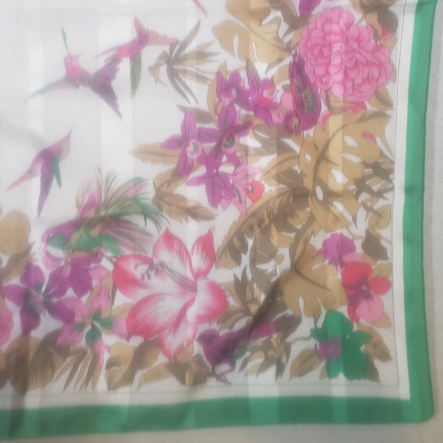 Head Scarf Polyester Green Purple Hummingbird Floral Print 31" Bandana Italy