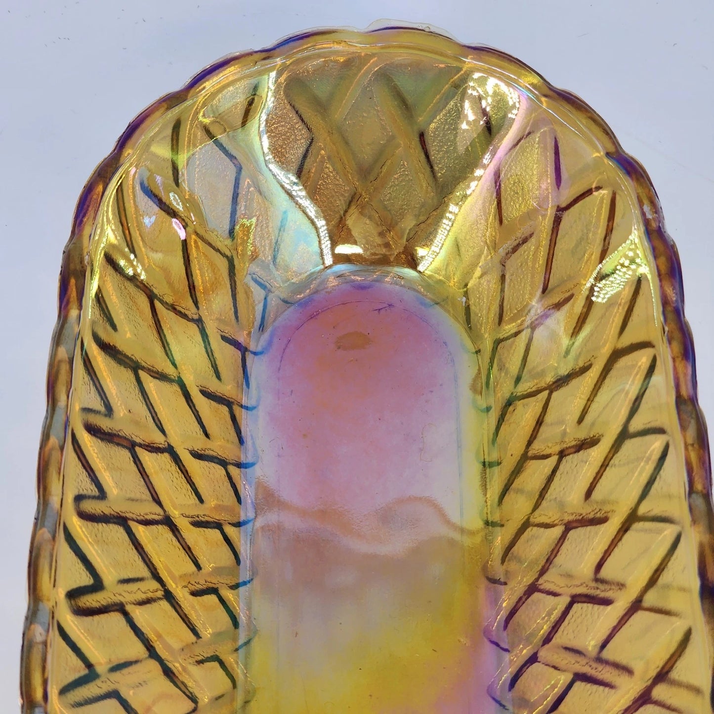 Amber Iridescent Carnival Glass Oval Serving Bowl Scalloped 10.5
