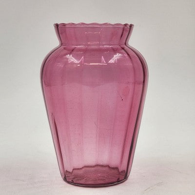 Vintage Pilgrim Cranberry Ribbed Art Glass Vase | 6” Tall | Hand-Blown Scalloped Rim Vase | Made in USA | Mid-Century Decor Accent