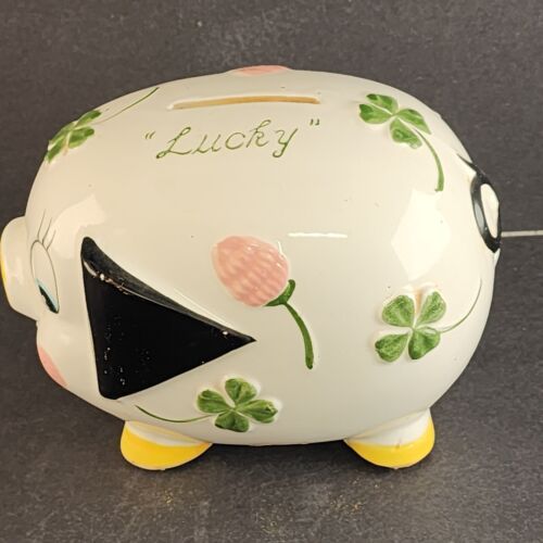 Enarco Japan Lucky Piggy Bank Ceramic Vintage 1960s White 4 Leaf Clover Stopper