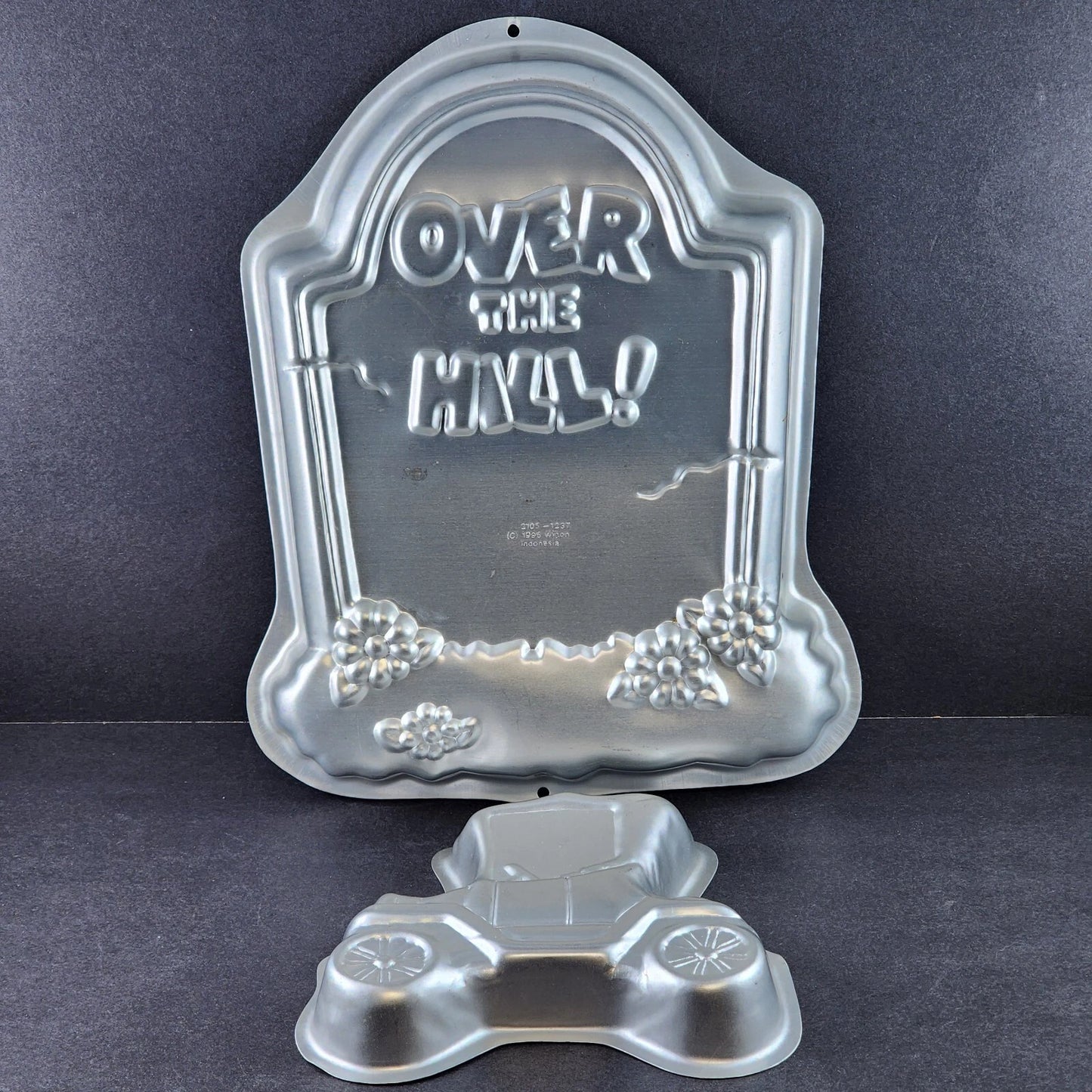 2 Wilton Cake Pans 1976 Model T Car & 1995 Over the Hill Tombstone Molds Vintage
