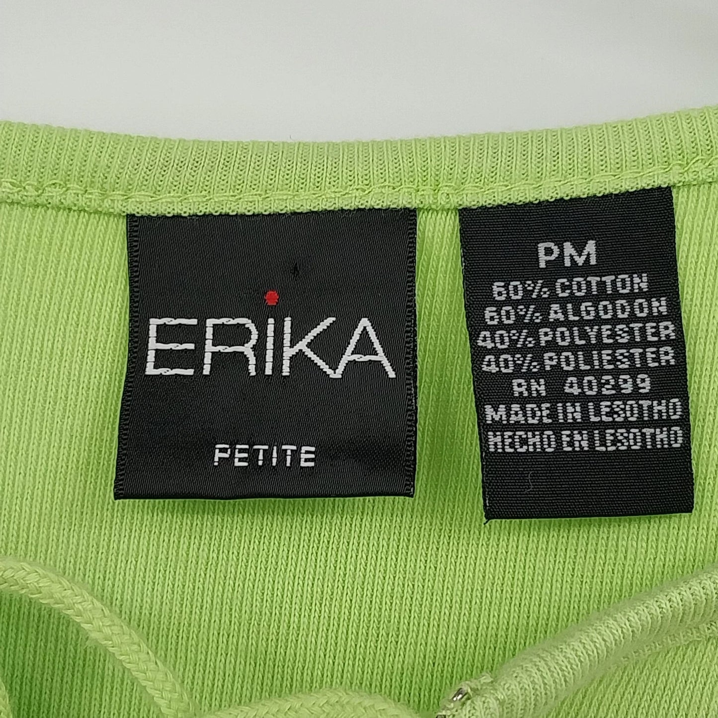 Erika Petite PM Lime Green Rib Knit Top Lace Up Neck Short Sleeve Shirt
