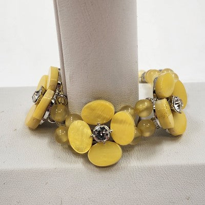 Yellow Faux Pearl & Flower Disc w Rhinestone Motif Double Strand Bracelet 3.75"