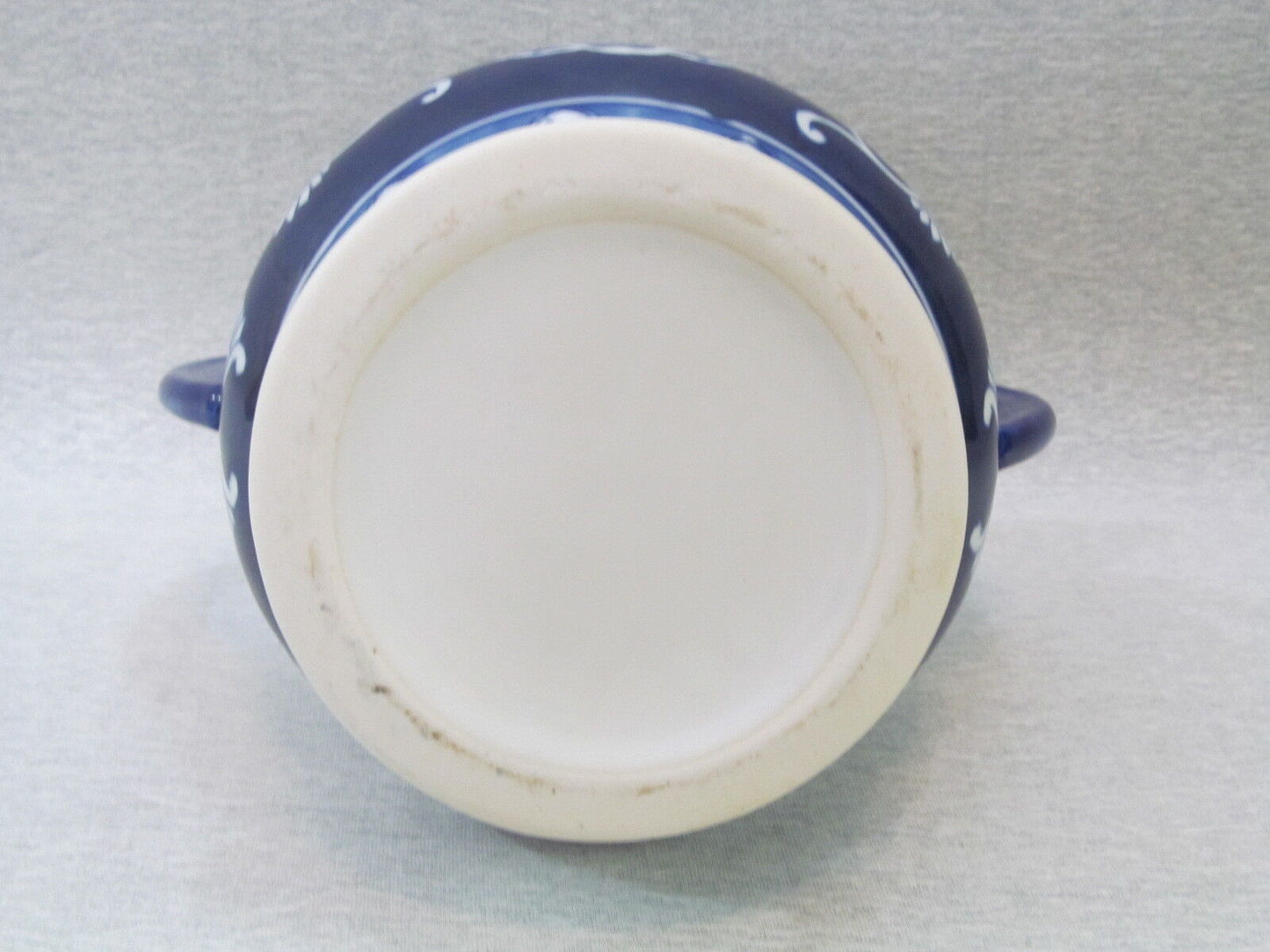 Blue and White Pottery Jar Decorative Piece with Two Handles & Lid