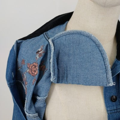 New Look Denim Shirt L Floral Embroidered Velvet Collar Long Sleeve Turkey Vtg