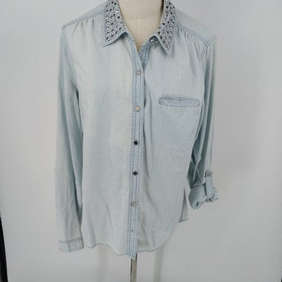 NY Collections Faded Blue Long Sleeve Button Front Shirt Blouse XL