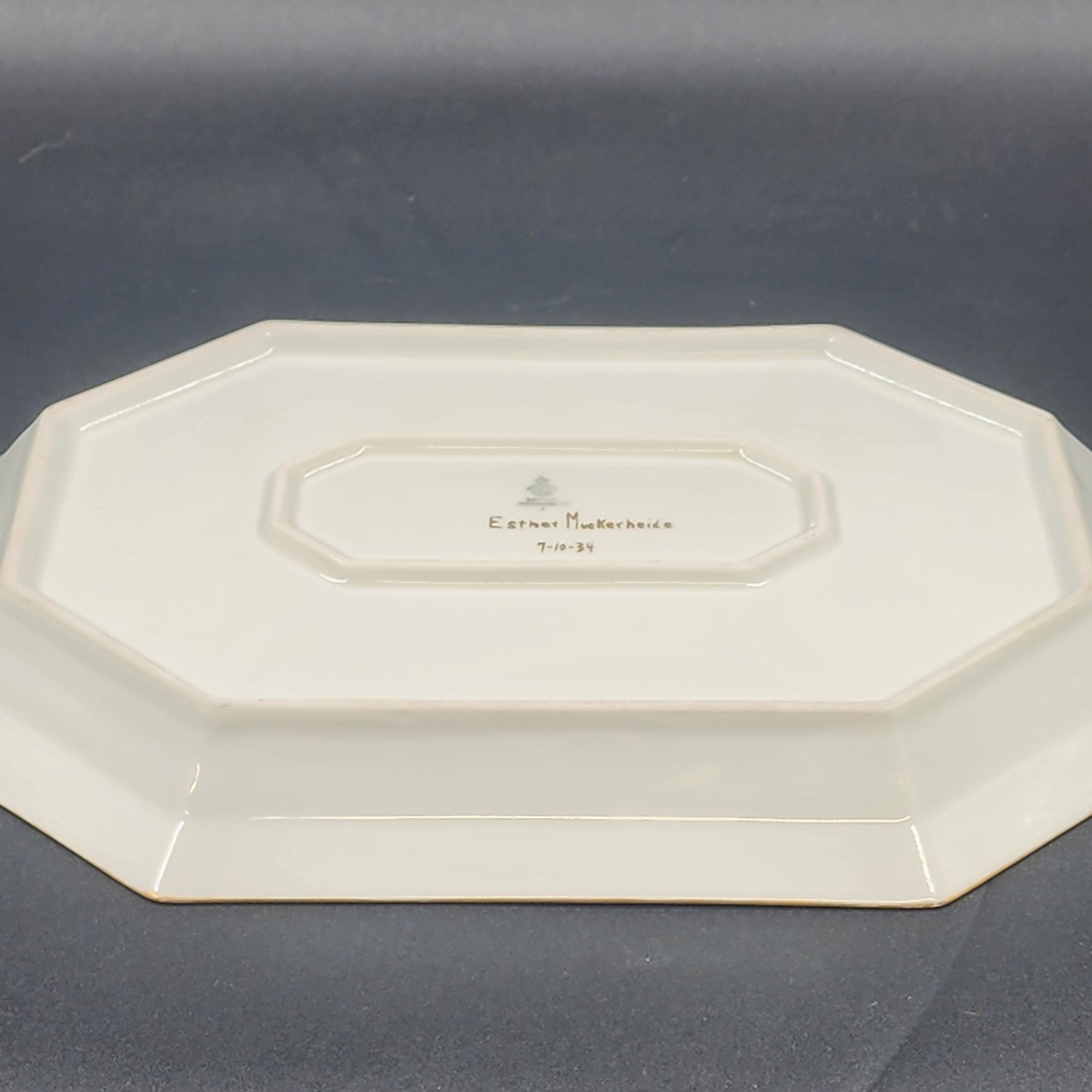 Tirschenreuth Bavaria Octagon Serve Platter Blue Border Enamel Flowers Gold Trim