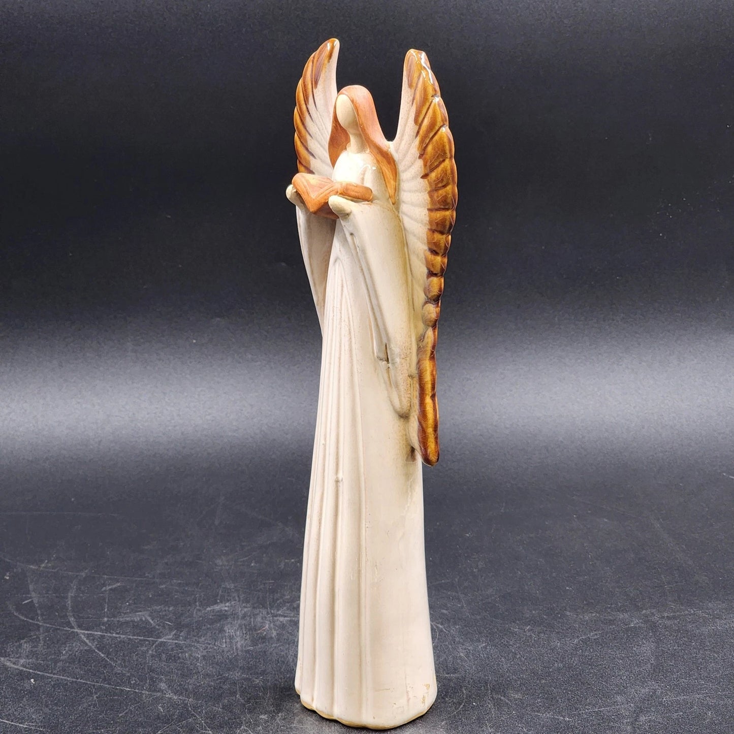 Glazed Ceramic Angel Figurine Holding Book 13" Neutral Cream Brown Home Decor
