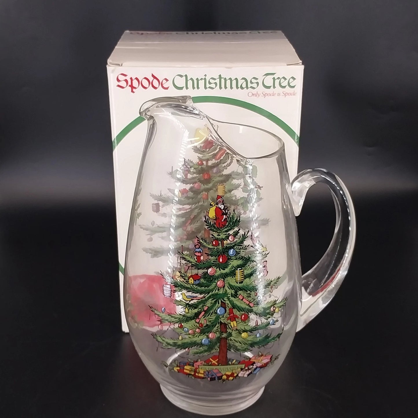 Spode Christmas Tree Santa Holly Clear Glass Ice Lip Pitcher 2½ Qt 10½" Vintage