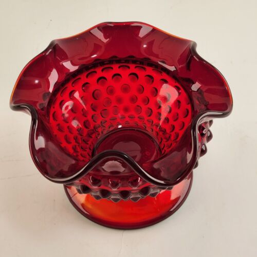Fenton Old Virginia Glass Bowl Ruby Red Hobnail Footed Ruffled Edge Vintage 6"