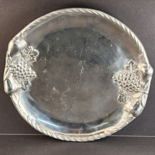 Handmade Mexican Large Round Aluminum Tray Grape Handles Platter 13" Scalloped